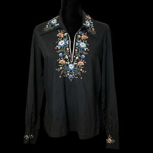 Vintage Black Embroidered L/S Dagger Collar Pullover Blouse - Size M